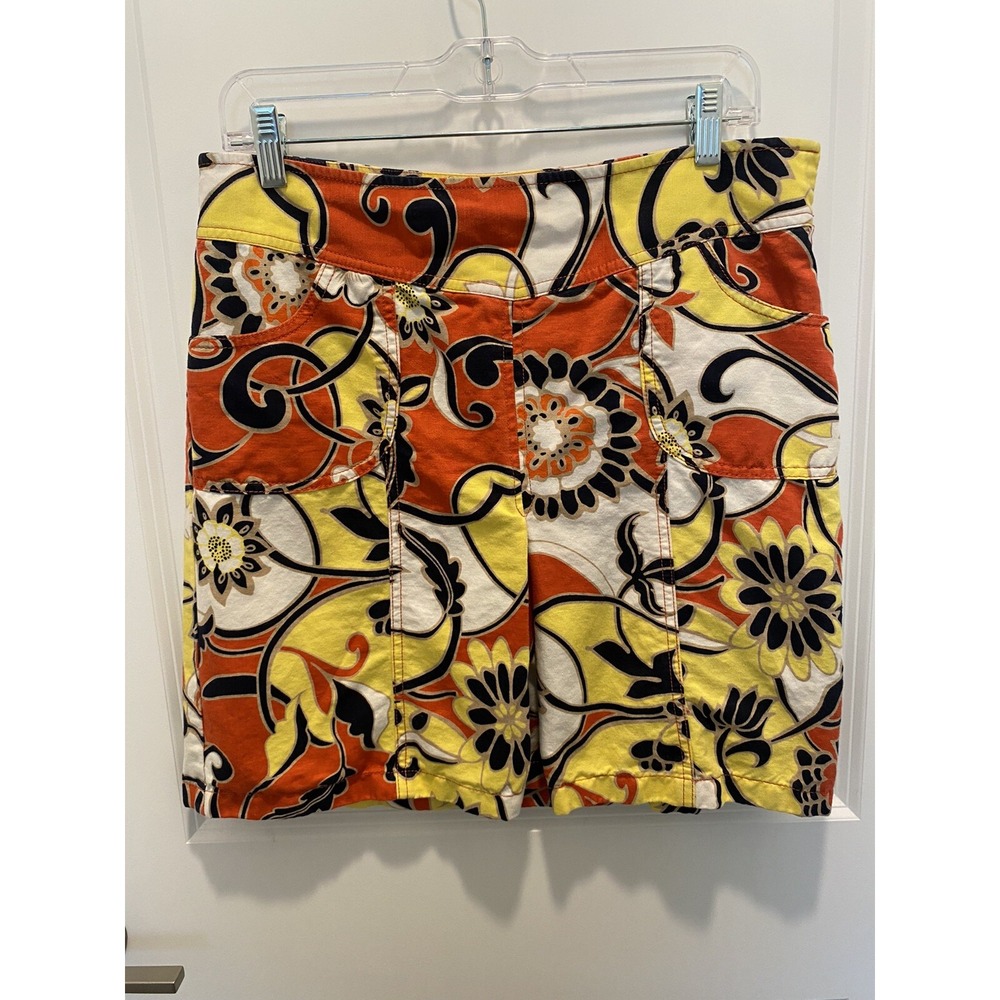 Ann Taylor Size 8 Floral Inverted Pleat Skirt Yellow Orange Navy Ivory Linen Cot